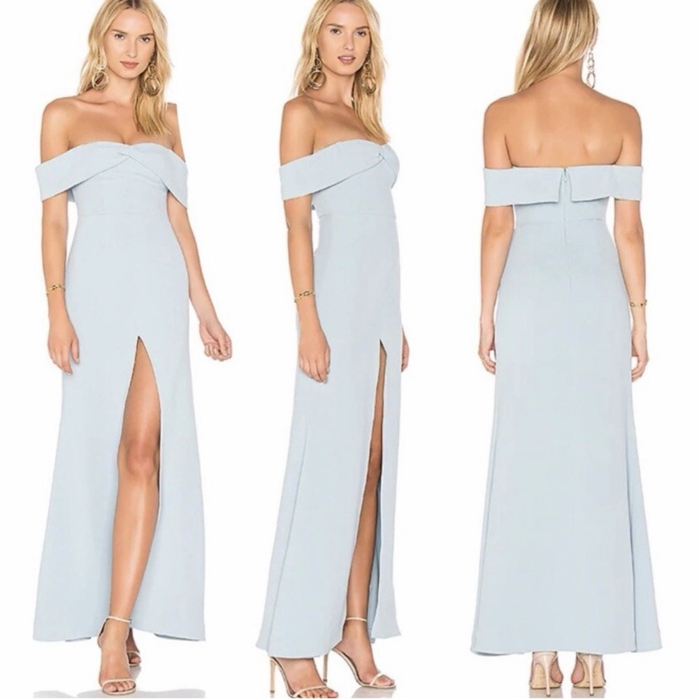 NEW Lovers + Friends Danica Silver Blue Off-Shoulder Slit Gown